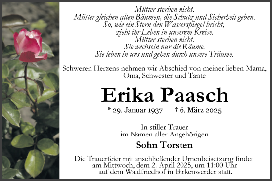 Traueranzeige von Erika Paasch von Märkische Oderzeitung