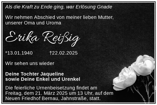Traueranzeige von Erika Reißig von Märkische Oderzeitung