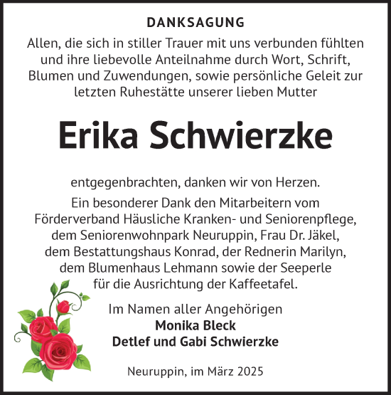 Traueranzeige von Erika Schwierzke von Märkische Oderzeitung