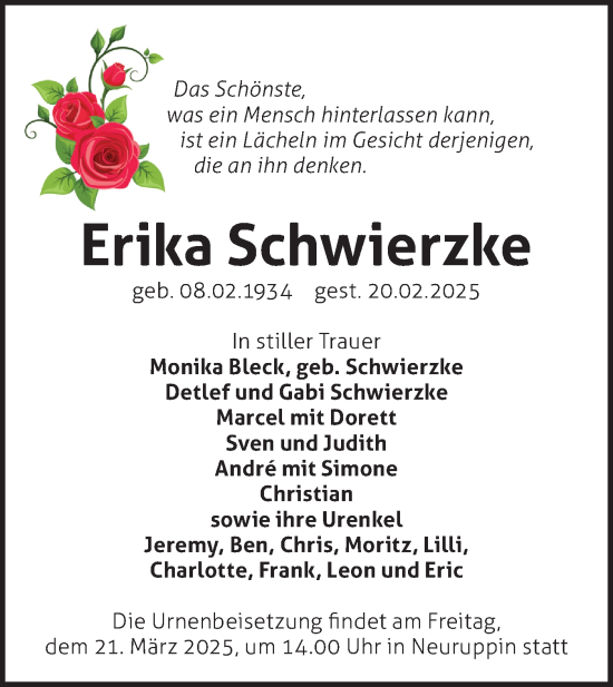 Traueranzeige von Erika Schwierzke von Märkische Oderzeitung