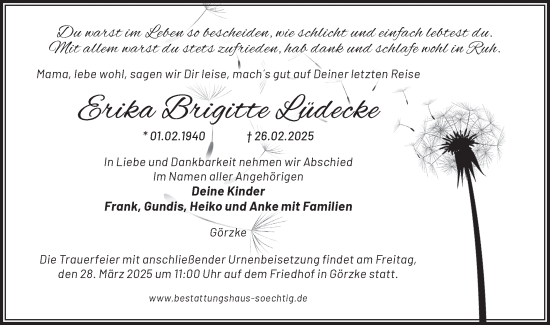 Traueranzeige von Erika Brigitte Lüdecke von Märkische Oderzeitung