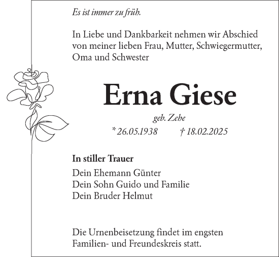Traueranzeige von Erna Giese von Märkische Oderzeitung