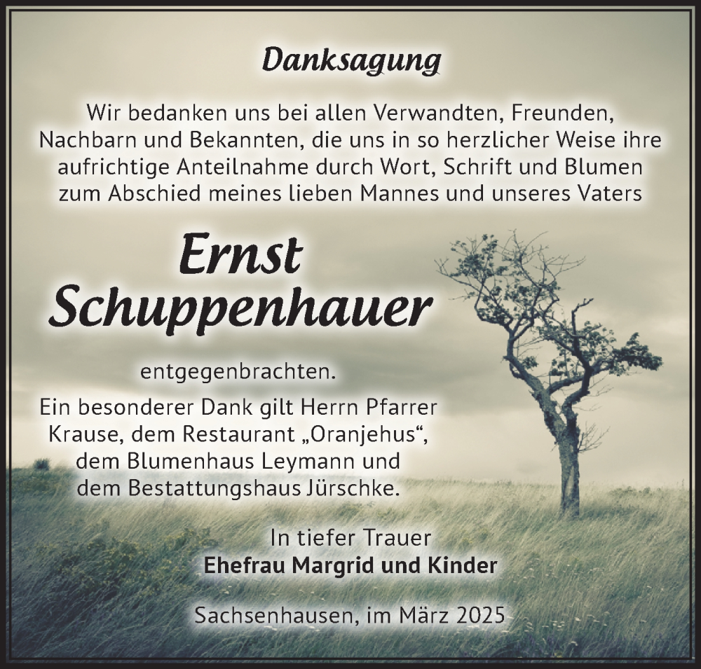  Traueranzeige für Ernst Schuppenhauer vom 01.03.2025 aus Märkische Oderzeitung