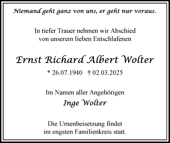 Traueranzeige von Ernst Richard Albert Wolter von Märkische Oderzeitung