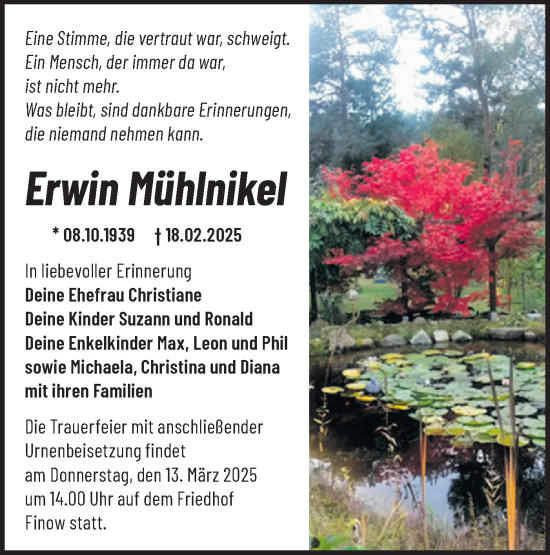 Traueranzeige von Erwin Mühlnikel von Märkische Oderzeitung