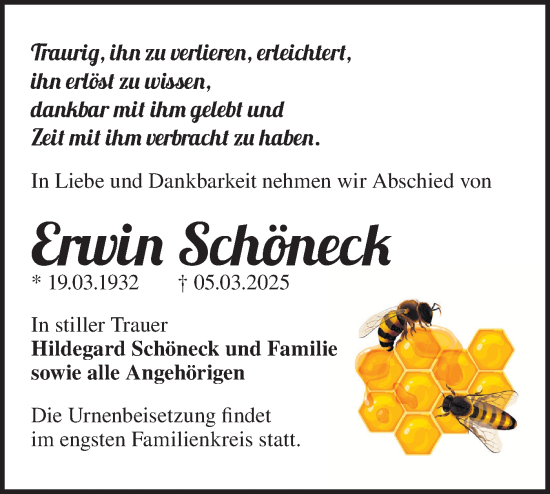 Traueranzeige von Erwin Schöneck von Märkische Oderzeitung