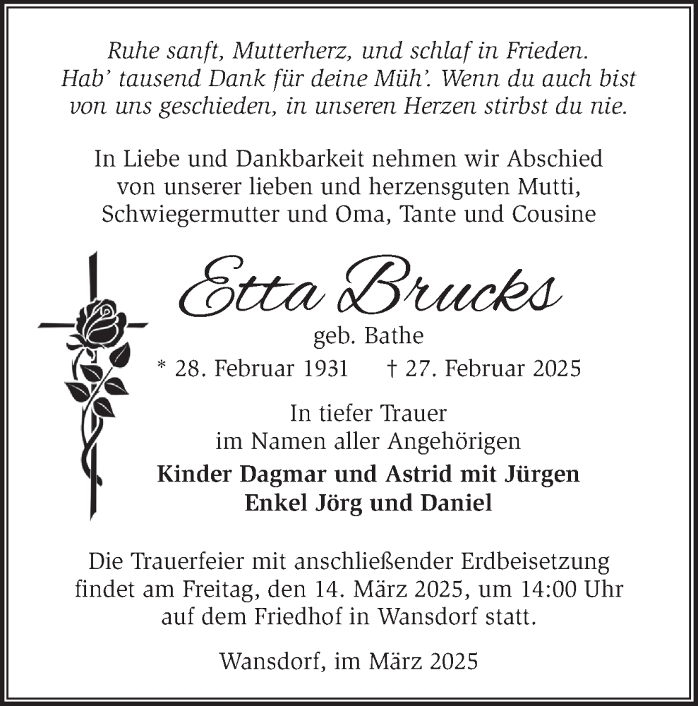  Traueranzeige für Etta Brucks vom 08.03.2025 aus Märkische Oderzeitung