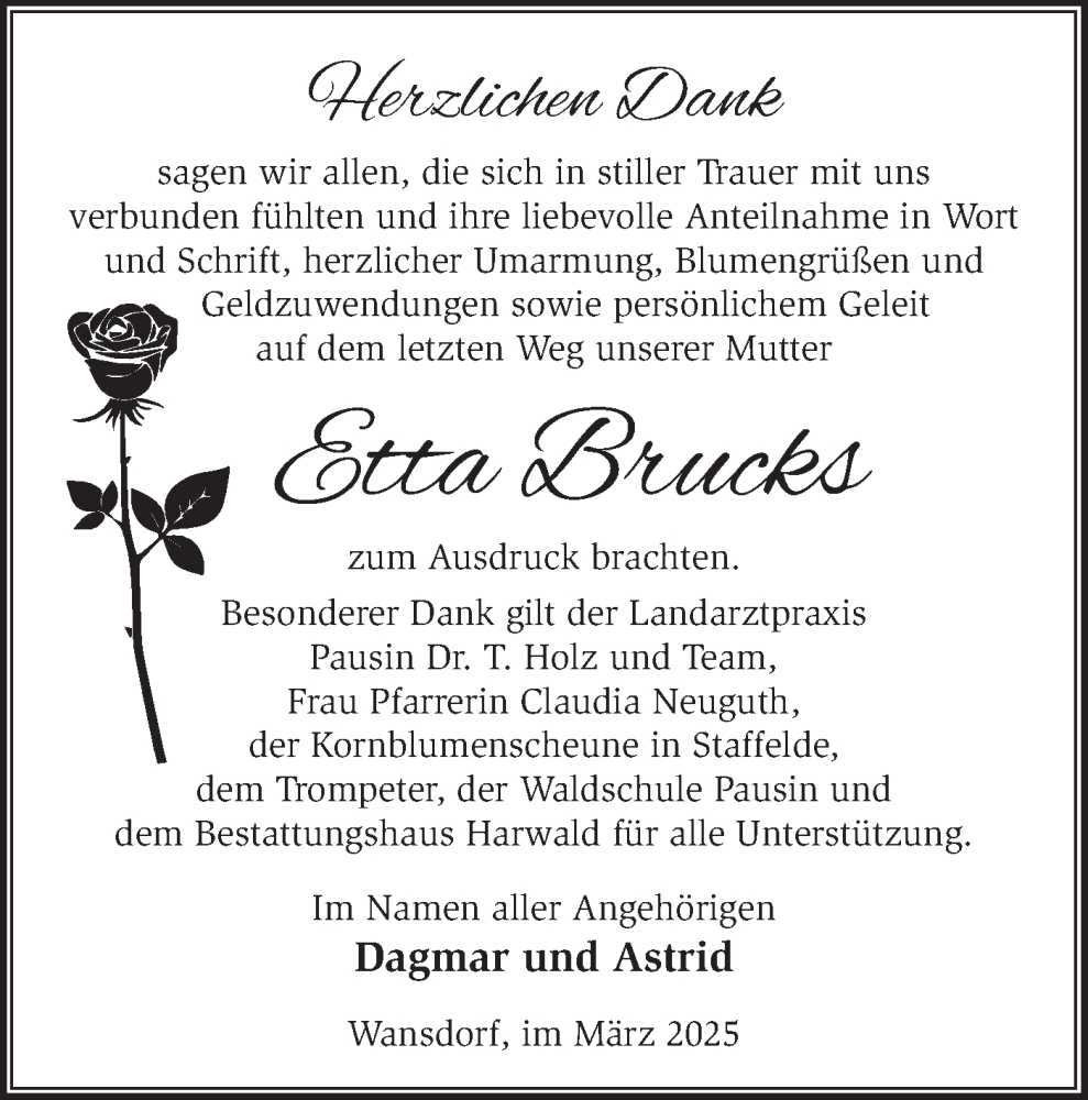  Traueranzeige für Etta Brucks vom 29.03.2025 aus Märkische Oderzeitung