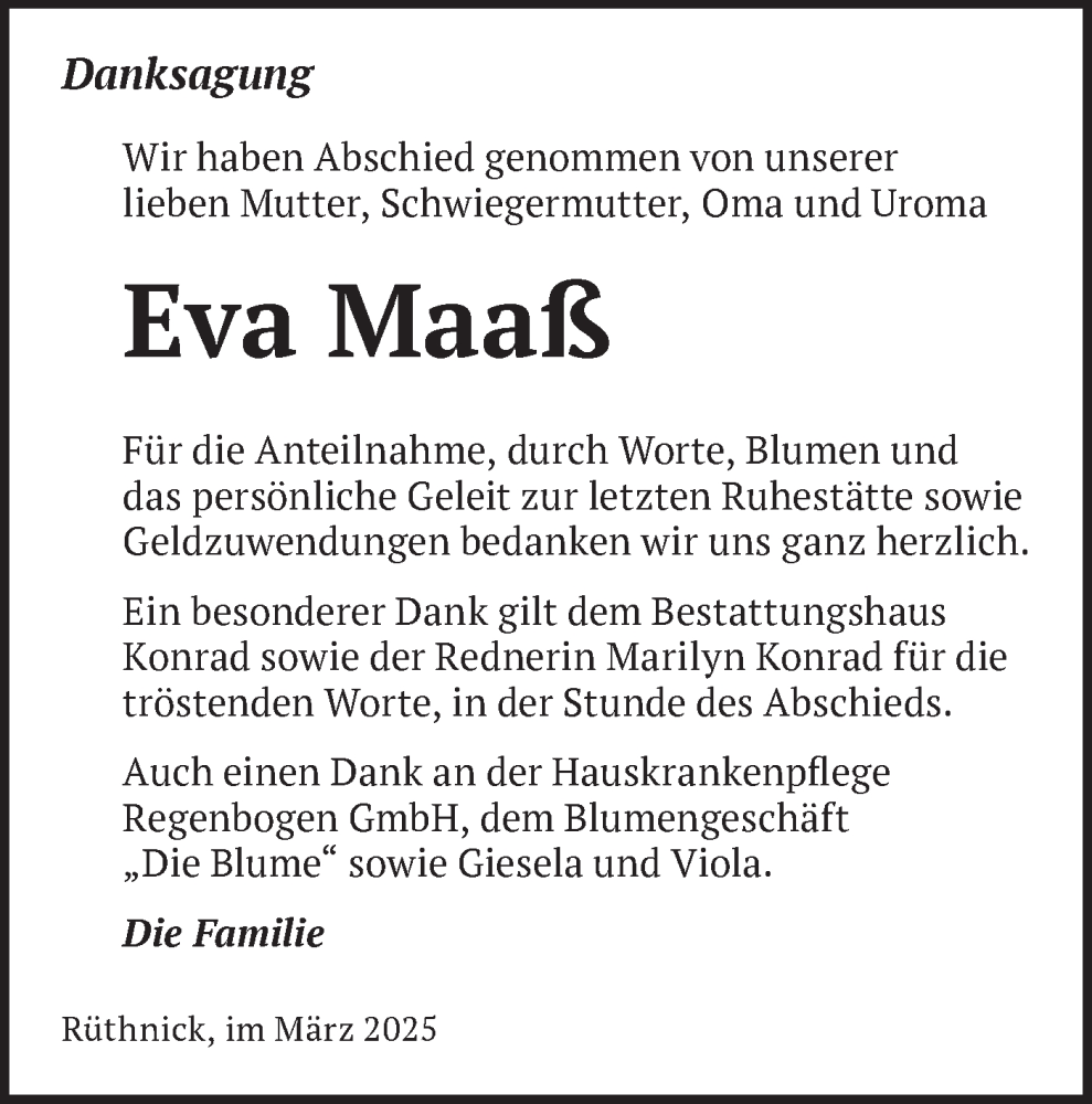  Traueranzeige für Eva Maaß vom 08.03.2025 aus Märkische Oderzeitung