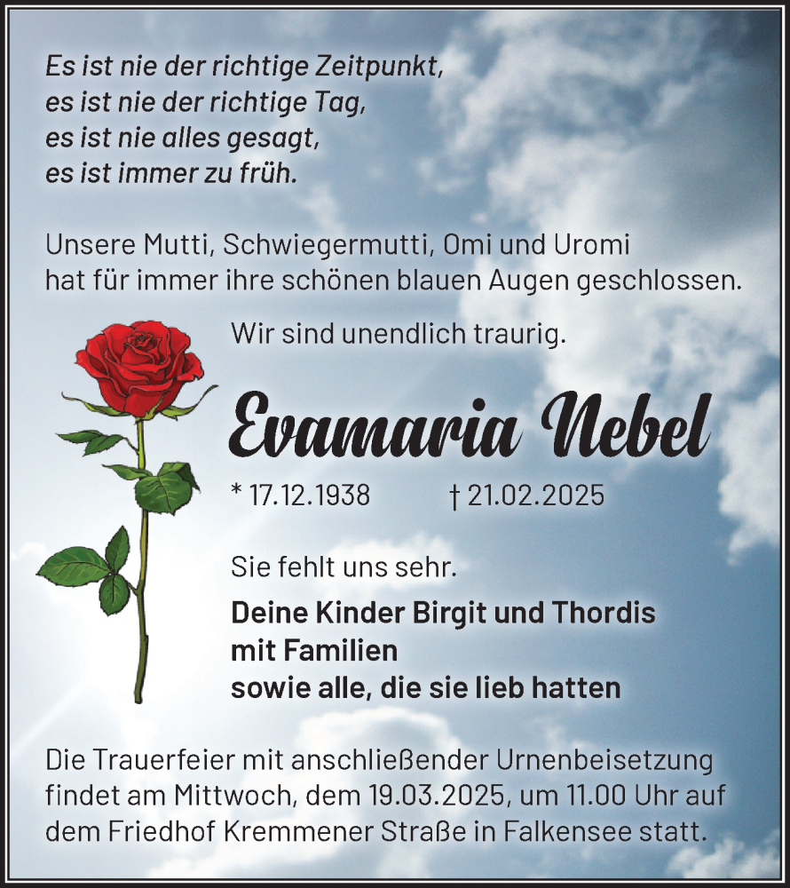  Traueranzeige für Evamaria Nebel vom 08.03.2025 aus Märkische Oderzeitung