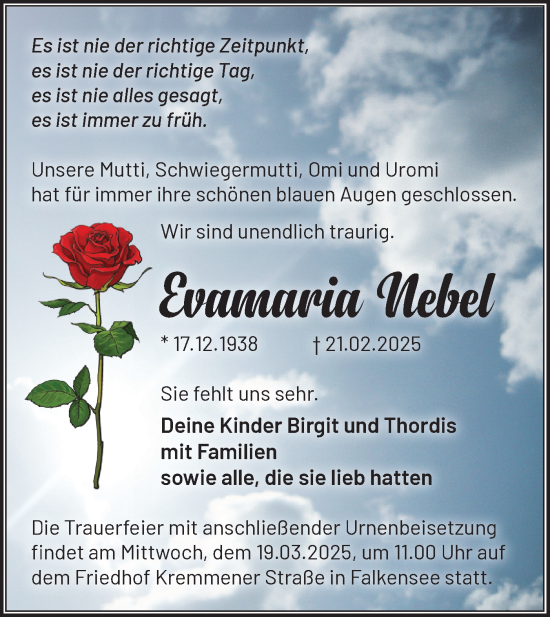 Traueranzeige von Evamaria Nebel von Märkische Oderzeitung