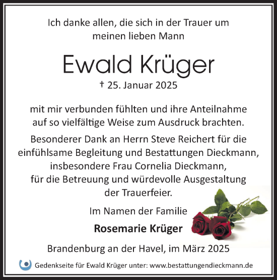 Traueranzeige von Ewald Krüger von Märkische Oderzeitung