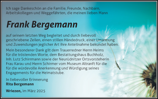 Traueranzeige von Frank Bergemann von Märkische Oderzeitung
