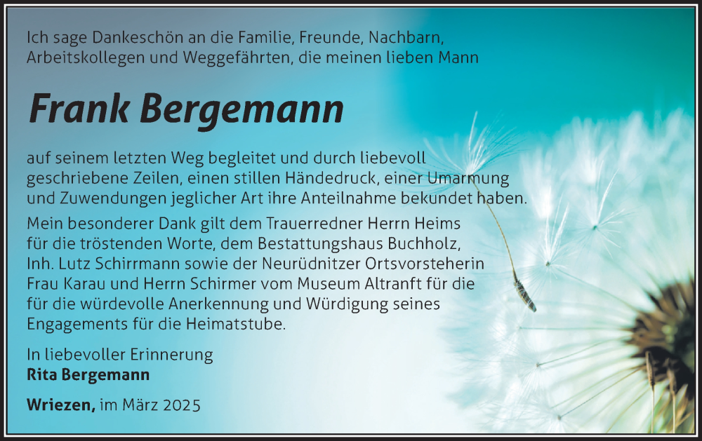  Traueranzeige für Frank Bergemann vom 29.03.2025 aus Märkische Oderzeitung