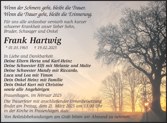 Traueranzeige von Frank Hartwig von Märkische Oderzeitung
