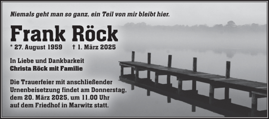 Traueranzeige von Frank Röck von Märkische Oderzeitung
