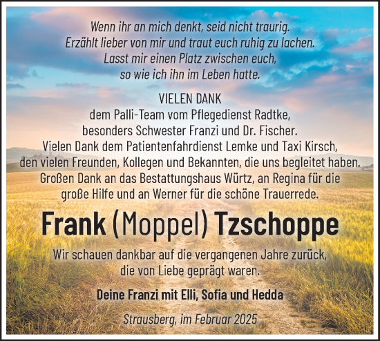 Traueranzeige von Frank Tzschoppe von Märkische Oderzeitung