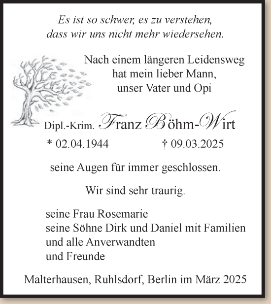 Traueranzeige von Franz Böhm-Wirt von Märkische Oderzeitung