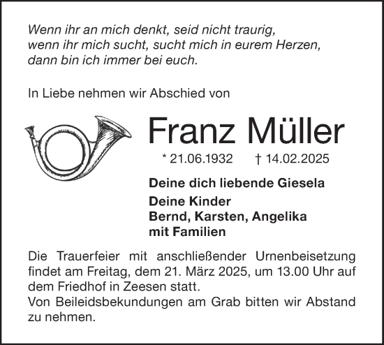 Traueranzeige von Franz Müller von Märkische Oderzeitung