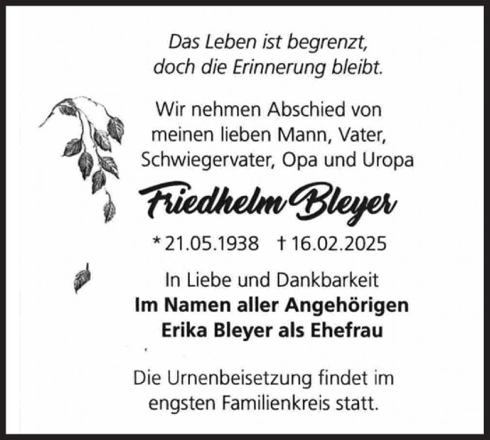 Traueranzeige von Friedhelm Bleyer von Märkische Oderzeitung