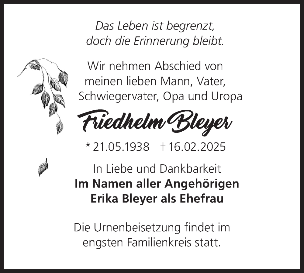  Traueranzeige für Friedhelm Bleyer vom 01.03.2025 aus Märkische Oderzeitung