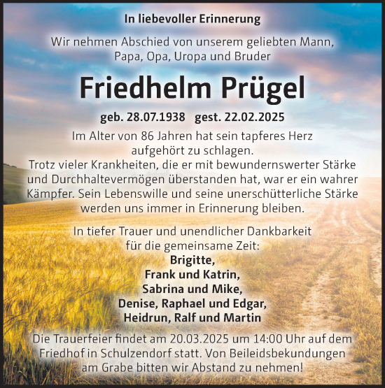 Traueranzeige von Friedhelm Prügel von Märkische Oderzeitung