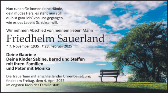 Traueranzeige von Friedhelm Sauerland von Märkische Oderzeitung