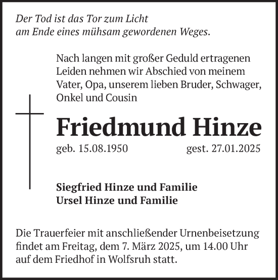 Traueranzeige von Friedmund Hinze von Märkische Oderzeitung