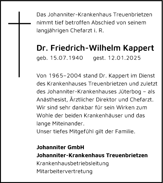 Traueranzeige von Friedrich-Wilhelm Kappert von Märkische Oderzeitung