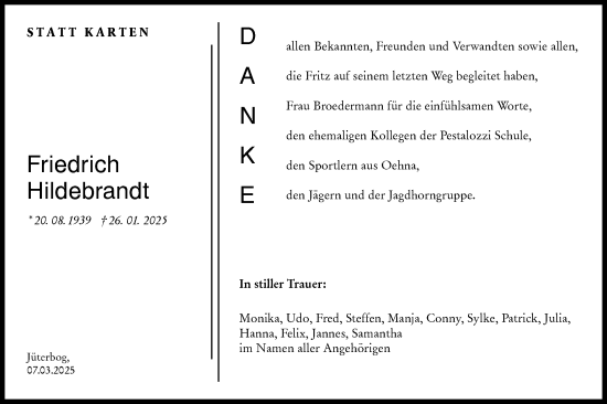 Traueranzeige von Fritz Hildebrandt von Märkische Oderzeitung