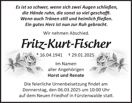 Traueranzeige von Fritz-Kurt Fischer von Märkische Oderzeitung