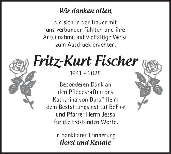 Traueranzeige von Fritz-Kurt Fischer von Märkische Oderzeitung