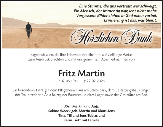 Traueranzeige von Fritz Martin von Märkische Oderzeitung