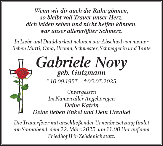 Traueranzeige von Gabriele Novy von Märkische Oderzeitung