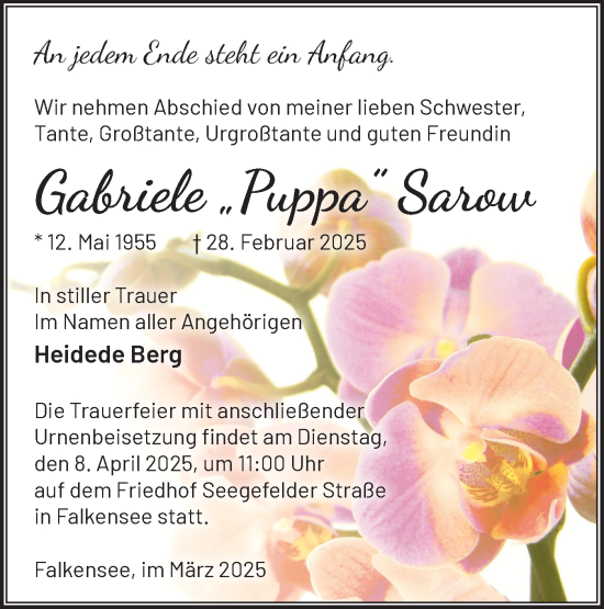 Traueranzeige von Gabriele Sarow von Märkische Oderzeitung