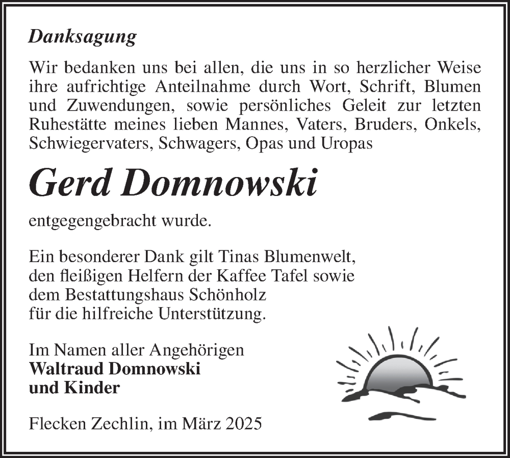  Traueranzeige für Gerd Domnowski vom 08.03.2025 aus Märkische Oderzeitung