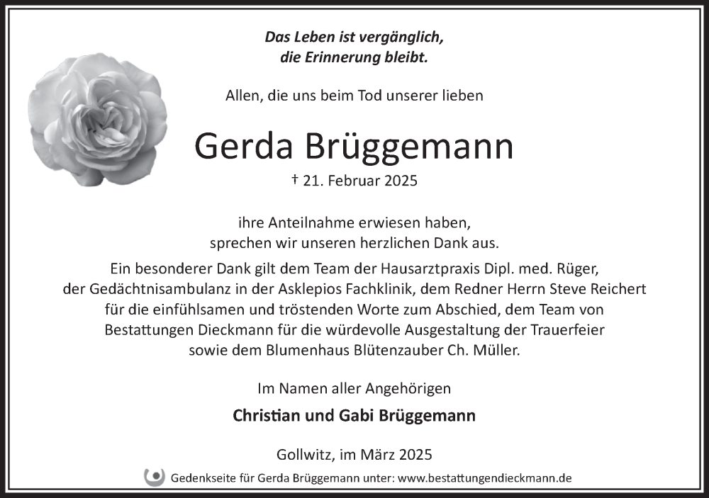  Traueranzeige für Gerda Brüggemann vom 22.03.2025 aus Märkische Oderzeitung