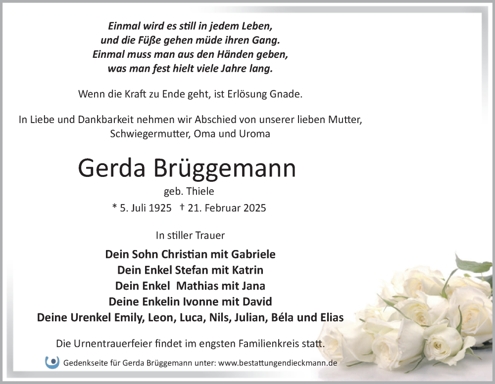  Traueranzeige für Gerda Brüggemann vom 01.03.2025 aus Märkische Oderzeitung