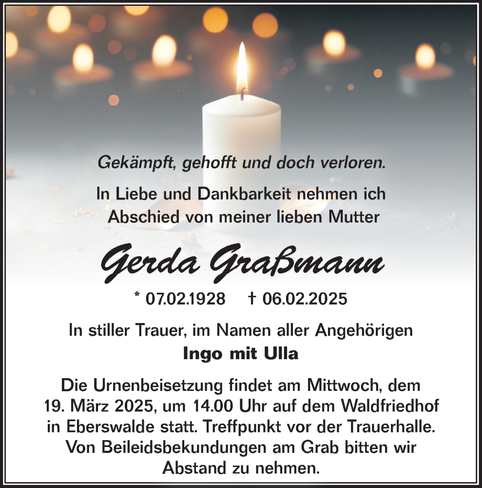  Traueranzeige für Gerda Graßmann vom 08.03.2025 aus Märkische Oderzeitung