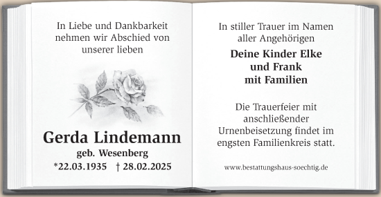 Traueranzeige von Gerda Lindemann von Märkische Oderzeitung