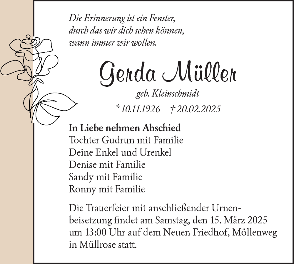  Traueranzeige für Gerda Müller vom 08.03.2025 aus Märkische Oderzeitung