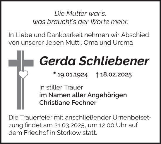 Traueranzeige von Gerda Schliebener von Märkische Oderzeitung