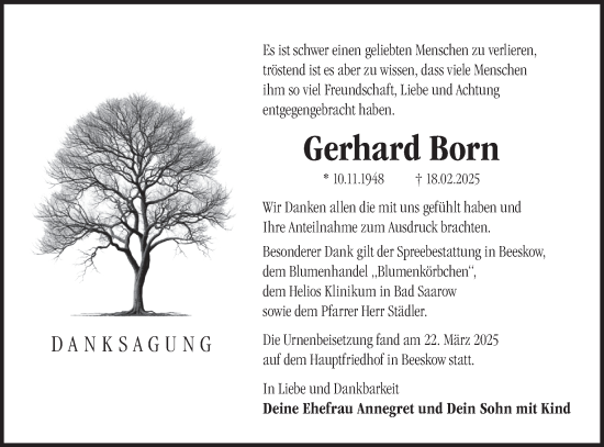 Traueranzeige von Gerhard Born von Märkische Oderzeitung