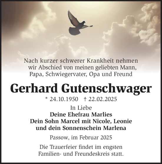 Traueranzeige von Gerhard Gutenschwager von Märkische Oderzeitung