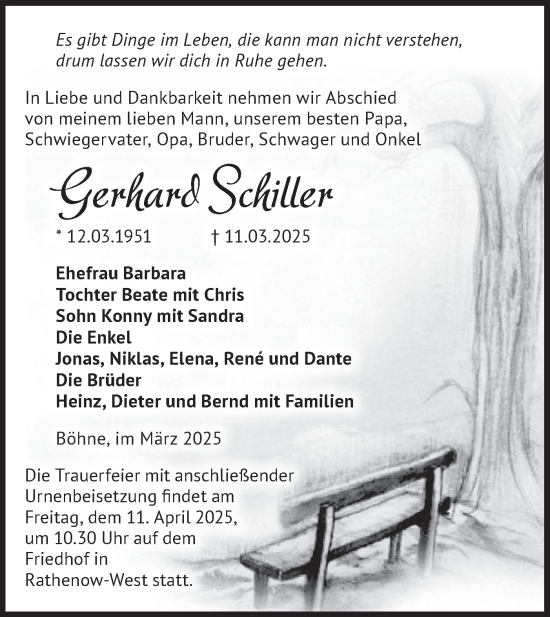 Traueranzeige von Gerhard Schiller von Märkische Oderzeitung