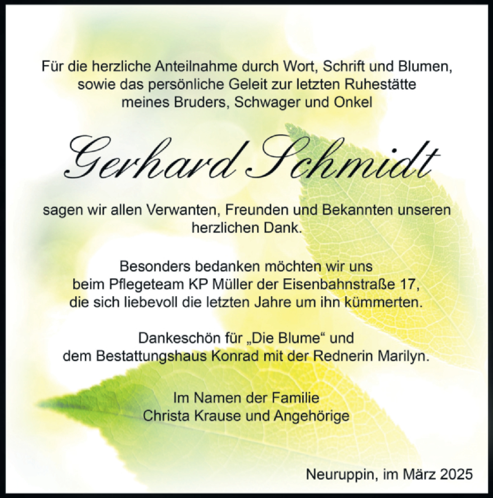  Traueranzeige für Gerhard Schmidt vom 15.03.2025 aus Märkische Oderzeitung
