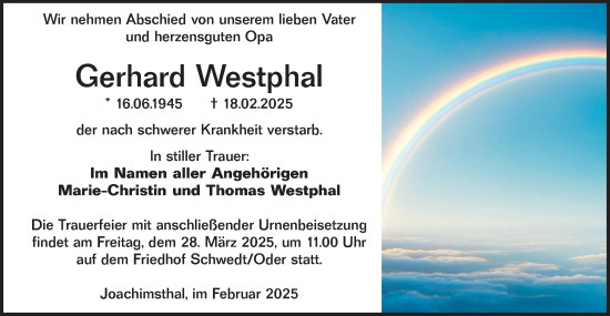 Traueranzeige von Gerhard Westphal von Märkische Oderzeitung
