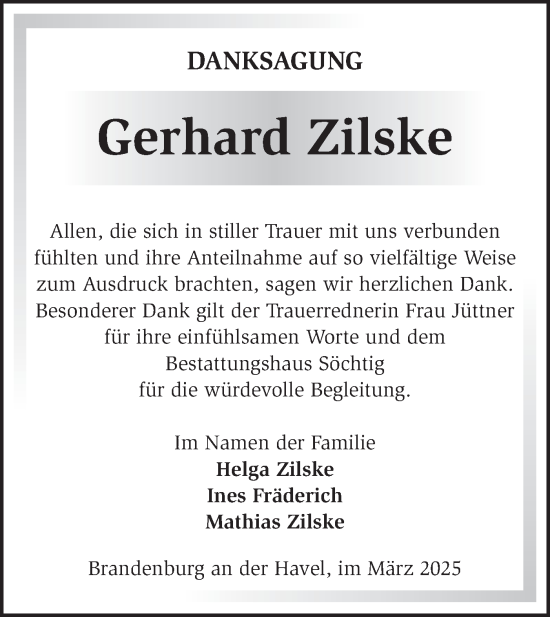 Traueranzeige von Gerhard Zilske von Märkische Oderzeitung