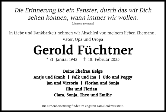 Traueranzeige von Gerold Füchtner von Märkische Oderzeitung
