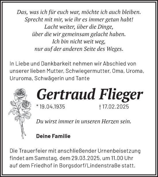 Traueranzeige von Gertraud Flieger von Märkische Oderzeitung